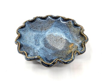 Handmade Blue Pottery Ring Dish or Spoon Rest - Scalloped Edge