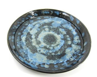 Swirly Plate and Bowl - Black & Blue Polka Dots - Ceramic Plate and Bowl - Handmade Wheel-thrown Porcelain Pottery - Vibrant Dish OOAK