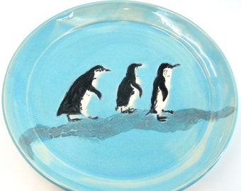 Three Fairy Penguins Scene, Handmade Pottery Plate, Wheel-thrown Porcelain