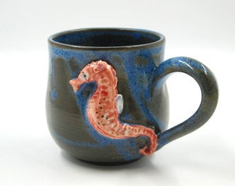 Coral Seahorse on Large Blue Mug - Wheelthrown Stoneware