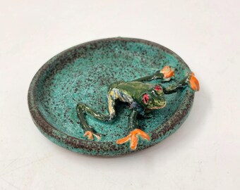 Amazon Frog on Handmade Pottery Ring Dish or Spoon Rest