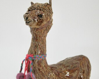 Festive Alpaca Tabletop Sculpture - Handmade Stoneware Figure - OOAK