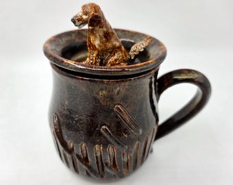 Golden Retriever Pottery Mug with Cover - Unique Sculpted Image on Wheel-thrown Cup and Dish