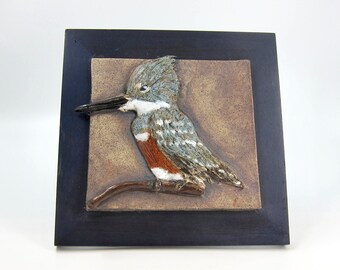 Framed Kingfisher Clay Sculpture - Bas Relief - Wall Hanging