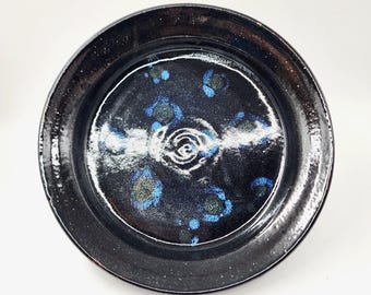 Blue Doughnuts Large Plate - Handmade Pottery - Black and Bright Blue