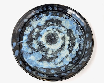 Swirly Dinner Plate - Handmade Pottery - Black and Bright Blue