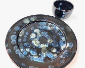 Large Polka Dots Dinner Plate - Handmade Pottery - Black and Bright Blue
