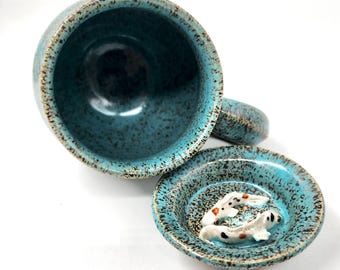 Koi Pottery Mug with Cover - Unique Sculpted Image on Wheel-thrown Cup and Dish