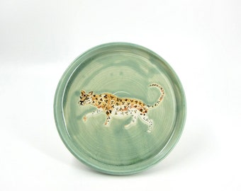 African Leopard on a Light Green Wheel-thrown Porcelain Plate