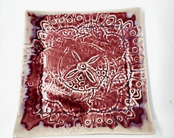 Red Lace Pattern Ceramic Plate Set - Square, Handcrafted Pottery Plates