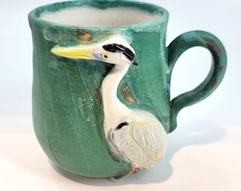 Hand-Sculpted Blue Heron Porcelain Mug, Weathered Green