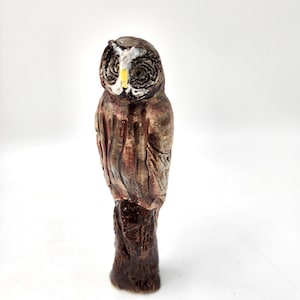 May include: A handcrafted ceramic owl figurine. The owl is primarily brown with textured details, a white and yellow face, and dark eyes. The owl is perched on a brown, textured base, creating a rustic aesthetic.