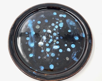 Polka Dot Dinner Plate - Handmade Pottery - Black and Bright Blue