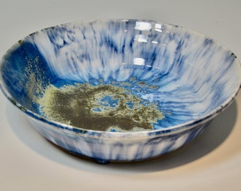 Wildly Glazed Serving Bowl, Blue and White with a Dark Patch and Golden Crystals, Unique Gift
