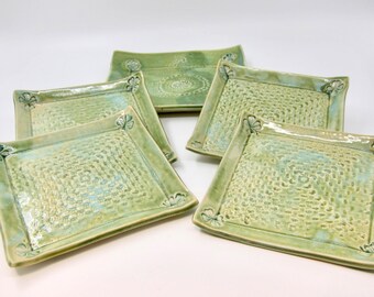 Celebrating Spring Plates - Five Handmade Stoneware Plates - Shamrocks and Lace