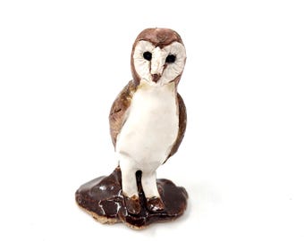 Tiny Barn Owl Sculpture - Handmade Pottery