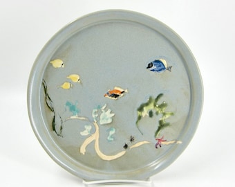 Hawaiian Reef Scene with Humuhumunukunukuāpua'a - Handmade Pottery Plate, Wheel-thrown Porcelain