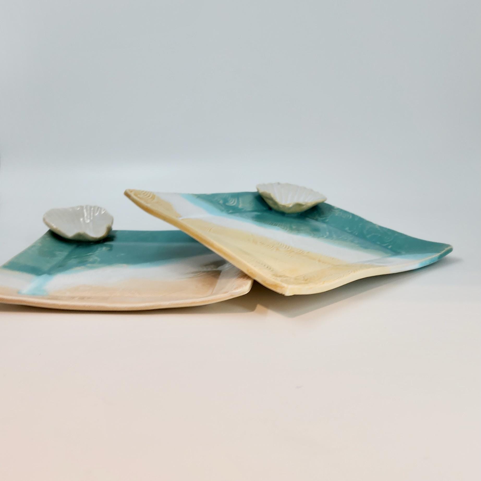 Two Seashore Ceramic Plates Set - Handmade Pottery - 7'' Square Plates - Beach Scene
