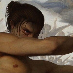 May include: A close-up of a person's face with a dark, intense expression. The person has dark hair pulled back in a bun and is wearing dark eye shadow. The background is a blurry image of a painting with angels.