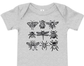 BUG grey onesie - Baby short sleeve onesie in grey cute b/w bug design illustration FREE Shipping