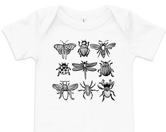 BUG white onesie - Baby short sleeve onesie in white cute b/w bug design illustration FREE Shipping