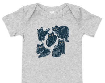 FUNNY KITTY grey onesie - Baby short sleeve onesie in grey cute funny kitty cat design illustration FREE Shipping