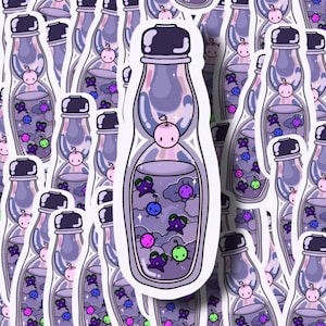 May include: A sticker sheet featuring a repeating pattern of cartoon-style soda bottle illustrations. Each bottle is purple with a dark cap and contains colorful, smiling fruit and cloud graphics. A small pink fruit character floats above each bottle.
