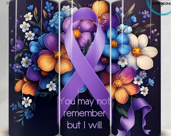 Envoltura para vaso con lazo morado, diseño floral de sublimación fina sin costuras de 20 oz, descarga digital, PNG de concienciación sobre la demencia y el Alzheimer