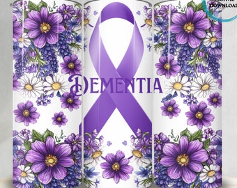 Envoltorio para vaso con lazo morado, diseño de sublimación delgado sin costuras de 20 oz, descarga digital, demencia y Alzheimer, flores, PNG