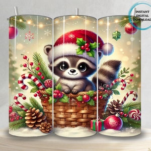 Christmas Raccoon Tumbler Wrap PNG, Cute Raccoon Design, 20 Oz Seamless Skinny Sublimation Digital Download, Raccoon Christmas Tumbler Wrap