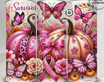 Envoltura para vaso de cáncer de mama, diseño de sublimación sin costuras, delgado, de 20 oz, para supervivientes, descarga digital, mariposas, calabazas y flores silvestres, PNG