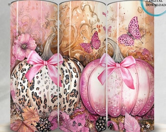 Envoltura para vaso de cáncer de mama, diseño de sublimación sin costuras de 20 oz, delgada, con mariposas, cintas rosas, calabazas y flores, descarga digital, PNG