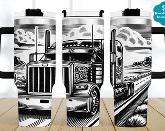 May include: A black and white illustration of a semi-truck on a highway. The truck is driving on a straight road with mountains in the background. The image is printed on a stainless steel tumbler with a black handle.