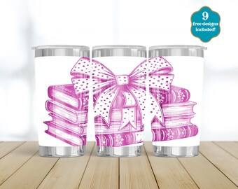 Book Lover Laser Tumbler Wrap, SVG, digitale download, 20oz Tumbler naadloze gravurebestand, Coquette Bow, volledig gegraveerde wrap