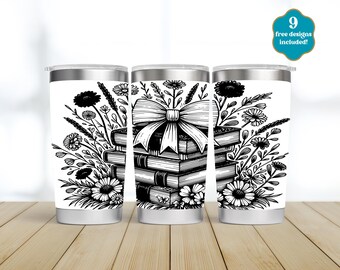 Book Lover Laser Tumbler Wrap, SVG, digitale download, 20oz Tumbler naadloze gravurebestand, Coquette Bow, volledig gegraveerde wrap