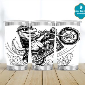 Dinosaur Laser Tumbler Wrap, Cute Dino SVG for Laser Rotary, Fully Engraved Wrap, 20oz tumbler Seamless Design, Digital Download, Motorcycle