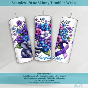 Puede incluir: Un dise&ntilde;o de envoltura para vaso delgado de 20 onzas con una cinta morada, flores de no me olvides y un elefante beb&eacute;. El texto "Forget Me Not" est&aacute; escrito en la envoltura.