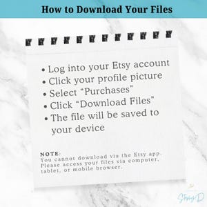 Puede incluir: Una hoja de papel blanca con texto negro que explica c&oacute;mo descargar archivos de Etsy. El texto dice: "Inicie sesi&oacute;n en su cuenta de Etsy", "Haga clic en su foto de perfil", "Seleccione "Compras"", "Haga clic en "Descargar archivos"", "El archivo se guardar&aacute; en su dispositivo". El texto tambi&eacute;n dice: "NOTA: No puede descargar a trav&eacute;s de la aplicaci&oacute;n Etsy. Acceda a sus archivos a trav&eacute;s de una computadora, tableta o navegador m&oacute;vil."