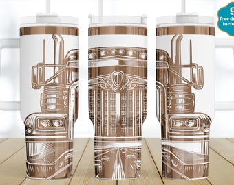 May include: A white tumbler with a brown and white illustration of a semi-truck on the front. The tumbler has a white lid and a handle.
