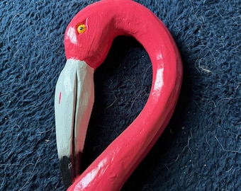 Hand‑Carved Wooden Flamingo Sculpture – Painted Tropical Décor (32" Tall, 20" Flamingo Body)