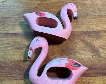 Hand Painted Wooden Flamingo Napkin Rings Set of 4 • Tropical Coastal Table Decor