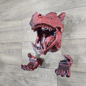 May include: A red dragon head with an open mouth and sharp teeth, along with two detached dragon claws. The dragon head is a detailed sculpture, likely for wall mounting, with a textured surface and a menacing expression.