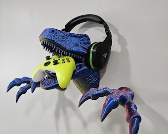 Dinosaur Wall Mount - Custom Controller and Headphone Holder - T Rex Velociraptor Display - Kids Room
