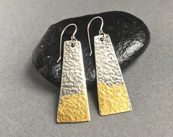 Keum Boo on Sterling Silver, Long, Slanted Rectangle, Dangle Earrings