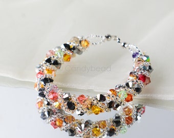 Crystal swarovski bracelet; glass bracelet; Rainbow twisty swarovski bracelet, 6.5 inches and 2 inches adjustable chain