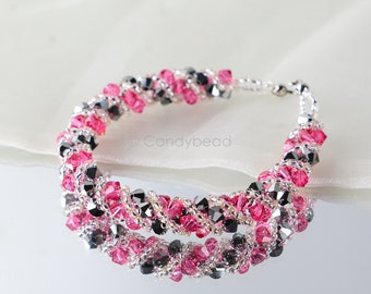 Crystal swarovski bracelet; glass bracelet; Silver Pink twisty swarovski bracelet, 7.5 inches and 2 inches adjustable chain