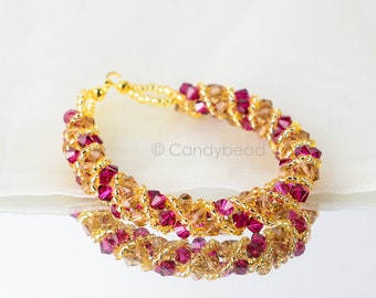 Crystal swarovski bracelet; glass bracelet; Gold Pink twisty swarovski bracelet, 7 inches and 2 inches adjustable chain