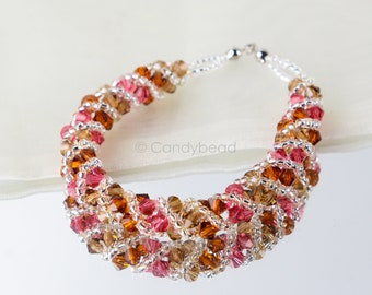 Crystal swarovski bracelet; glass bracelet; Brown Red twisty swarovski bracelet, 7.5 inches and 2 inches adjustable chain