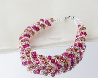 Crystal swarovski bracelet; glass bracelet; Brown Pink twisty swarovski bracelet, 7.5 inches and 2 inches adjustable chain