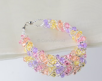 Crystal swarovski bracelet; glass bracelet; Sweet pastel twisty swarovski bracelet, 7 inches and 2 inches adjustable chain